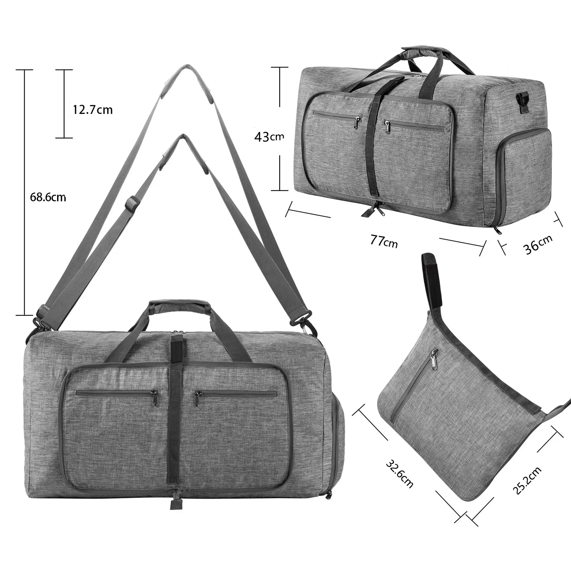 Grand sac de voyage pliable avec compartiment cheaussures . détail des dimensions