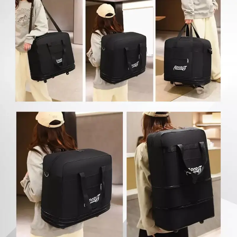 Grand sac de voyage sur roulettes, télescopique en situation porté sur le dos