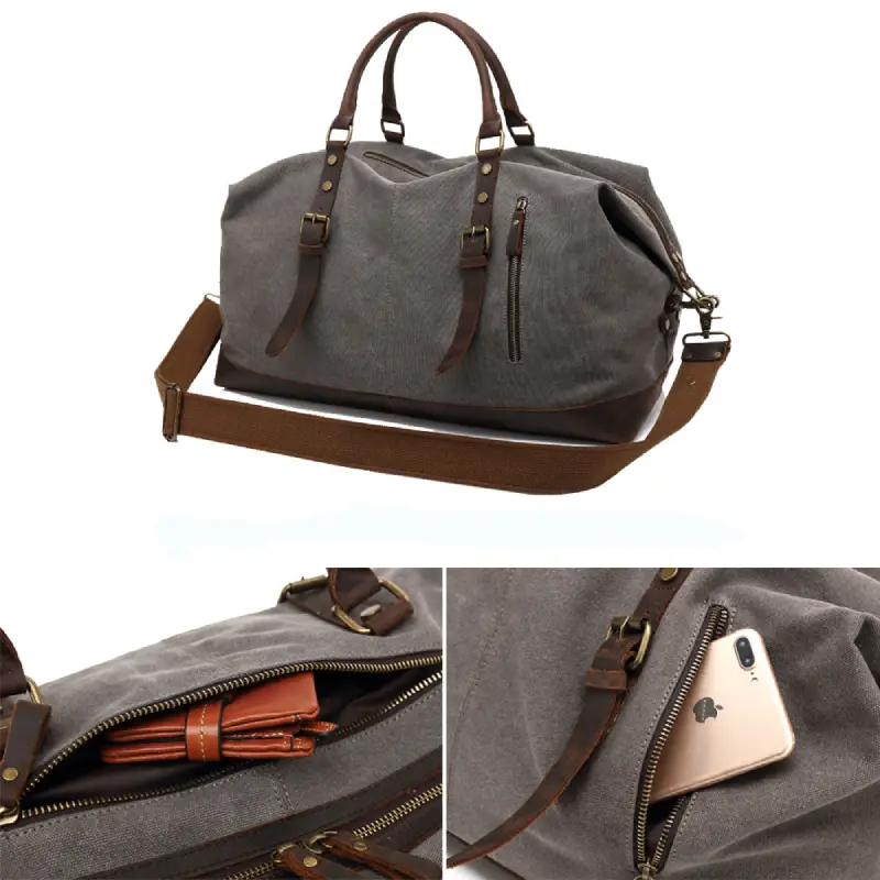 Grand sac de voyage vintage en gris détail des poches zipées