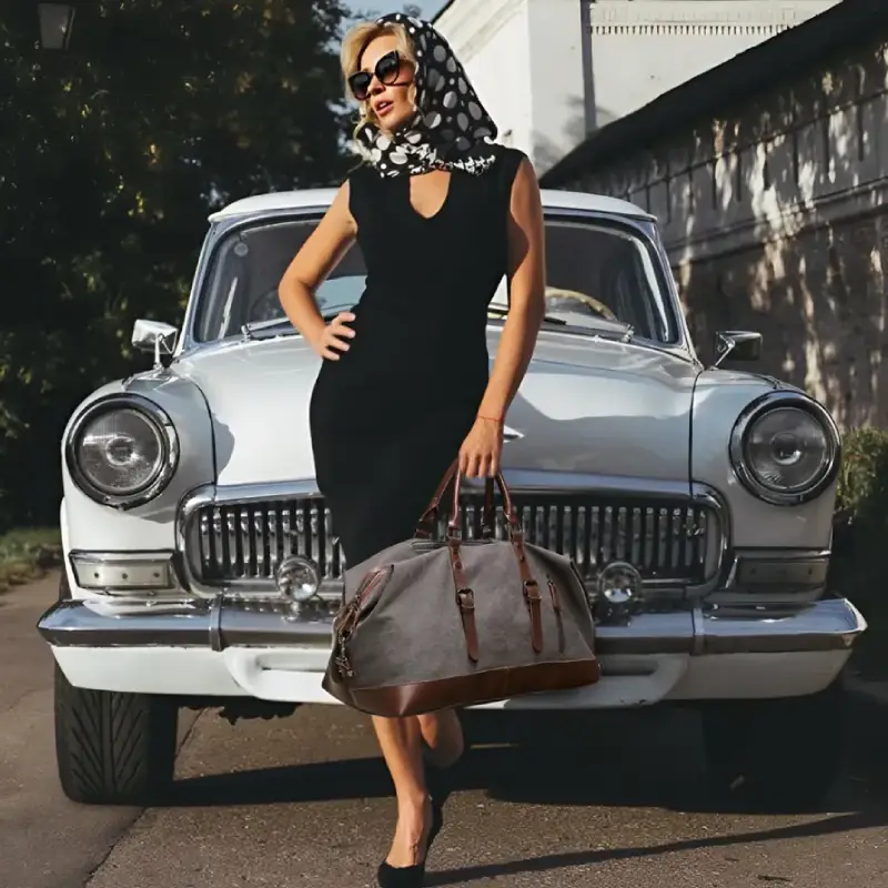Grand sac de voyage vintage en toile pour femme moderne quinporte un foulard sur le tête et devant une voiture
