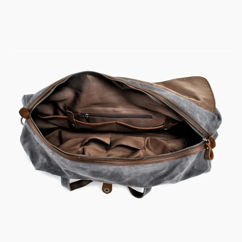 Grand sac voyage en toile style vintage pour escapades et voyages d'affaires vue intérieur