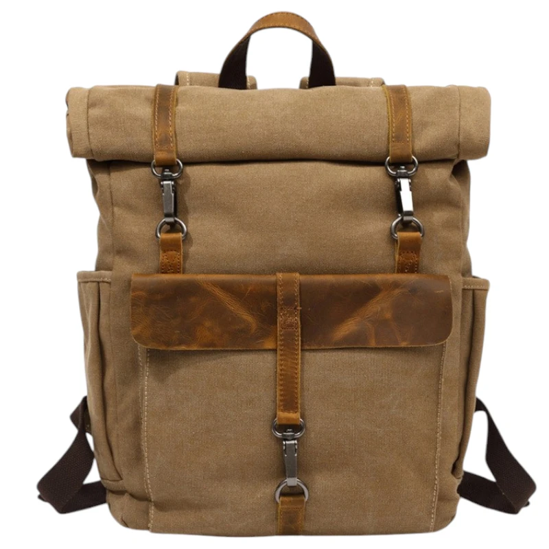 Sac à dos de voyage vintage en toile et cuir parfait pour aventuriers kaki