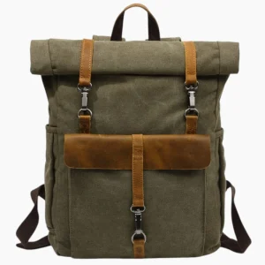 Sac à dos de voyage vintage en toile et cuir parfait pour aventuriers vert