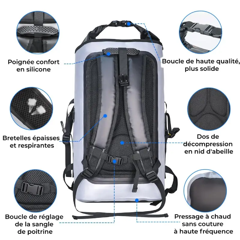 Sac à dos imperméable sport nautique et aventure dos détails