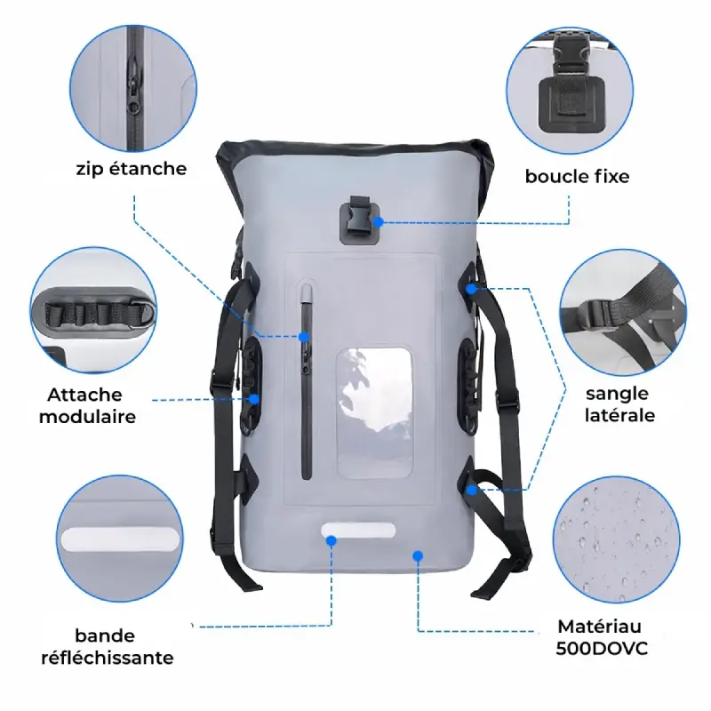 Sac à dos imperméable sport nautique et aventure recto détails