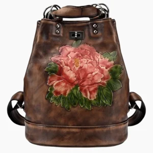 Sac à dos pour femme en cuir vintage style rétro avec motif floral café