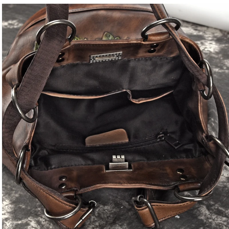 Sac à dos pour femme en cuir vintage style rétro avec motif floral détail