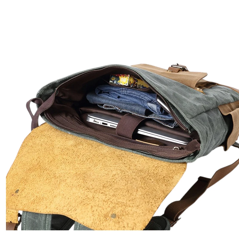 Sac à dos pour homme look vintage en toile cirée et cuir imperméable interieur