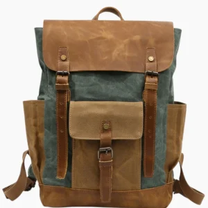 Sac à dos pour homme look vintage en toile cirée et cuir imperméable vert