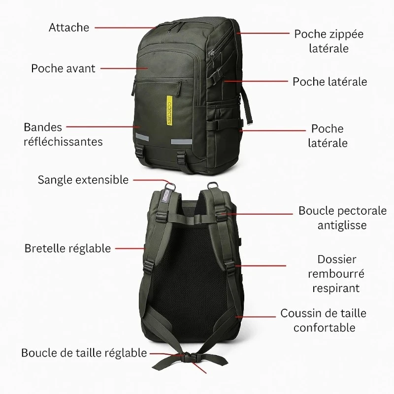Sac de randonnée voyage 80l robuste pour aventure détails - new