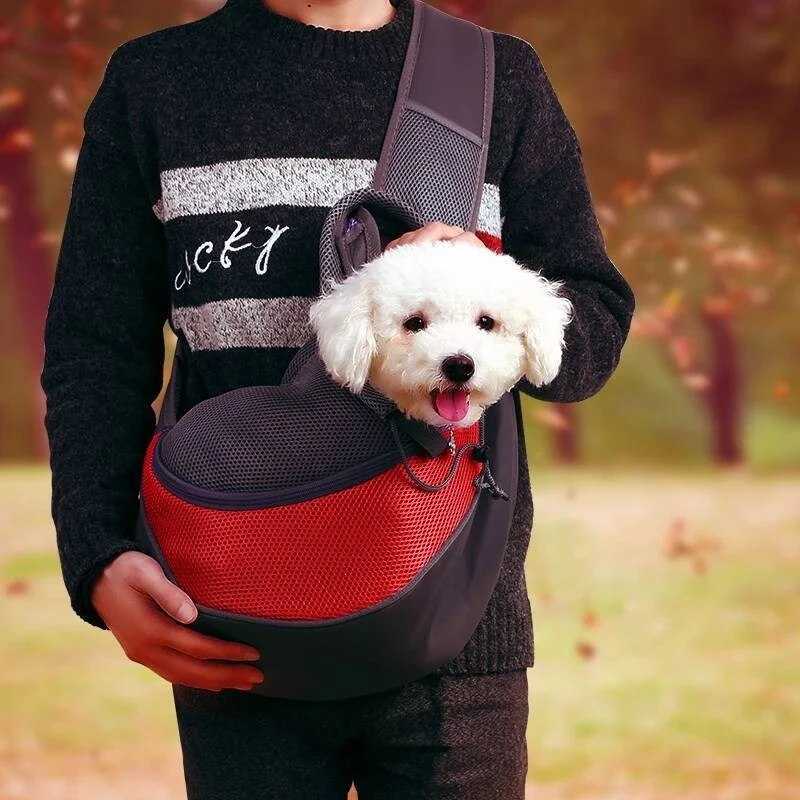 Sac de transport pour chien de petite taille porté par home