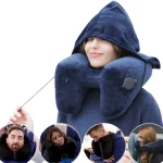 Coussin de voyage avec capuche ergonomique porté par femme Coussin de voyage avec capuche ergonomique porté par femme