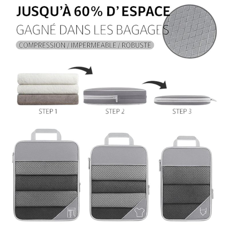 Sacs de compression de voyage zippés - Set de 6 pièces gris