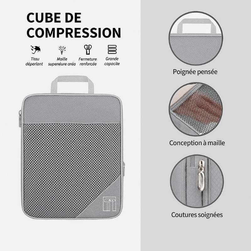 Sacs de compression de voyage zippés - Set de 6 pièces gris