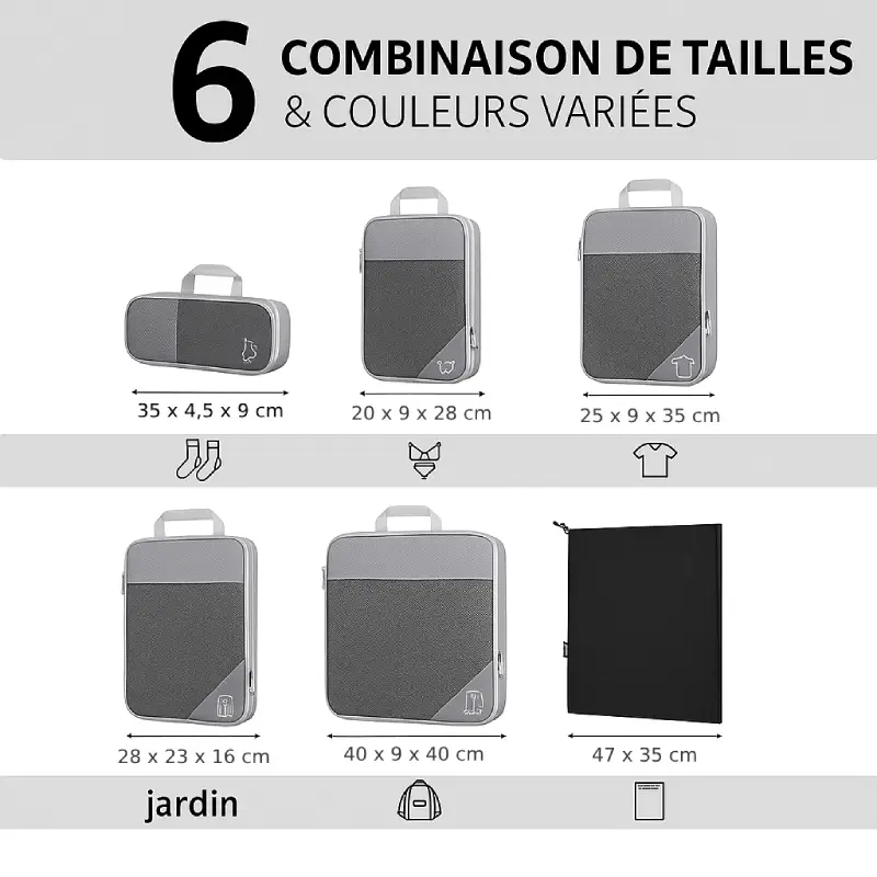 Sacs de compression de voyage zippés - Set de 6 pièces dimensions