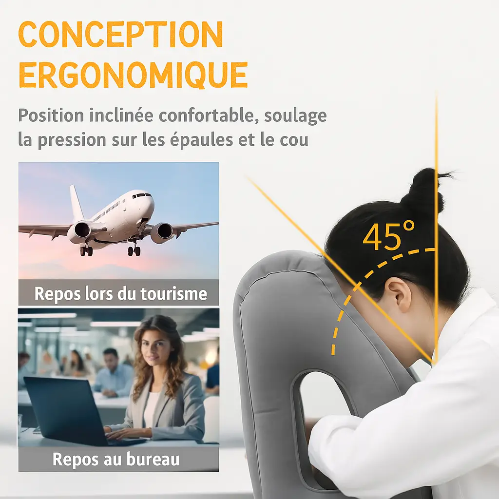 grisCoussin de voyage gonflable confortable conception ergonomique