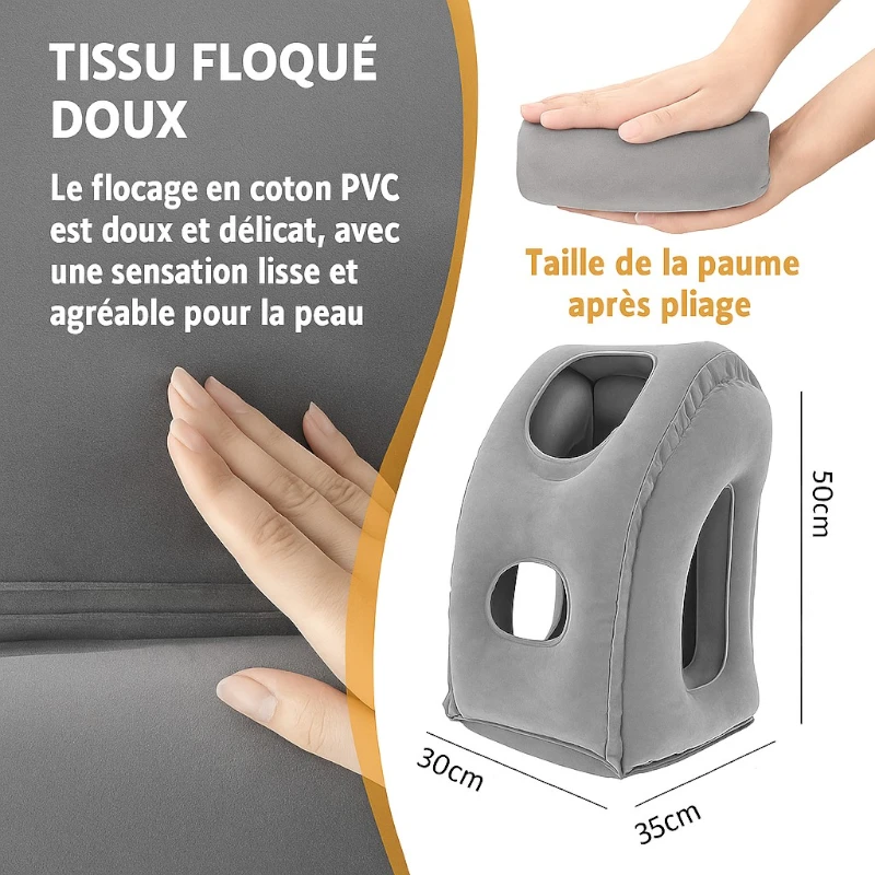 grisCoussin de voyage gonflable confortable matière douce